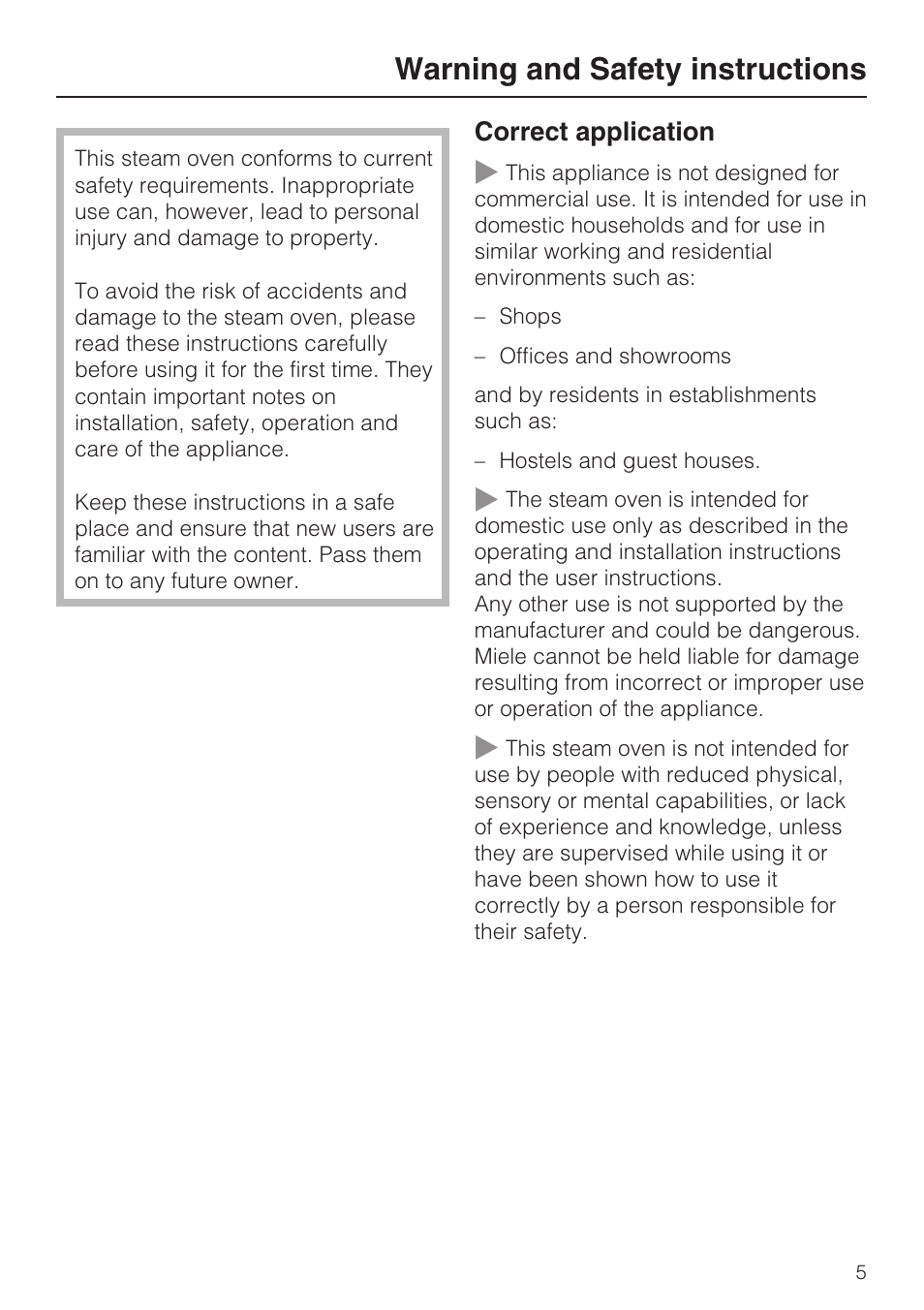 Warning and safety instructions 5, Warning and safety instructions | Miele DG 5080 User Manual | Page 5 / 64