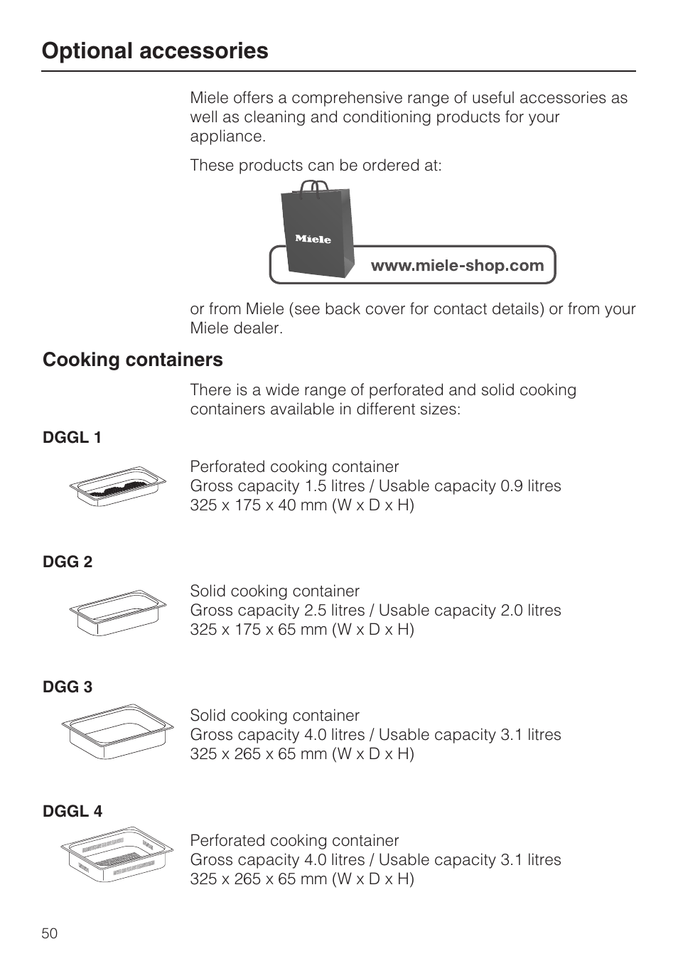 Optional accessories 50, Cooking containers 50, Optional accessories | Cooking containers | Miele DG 5080 User Manual | Page 50 / 64