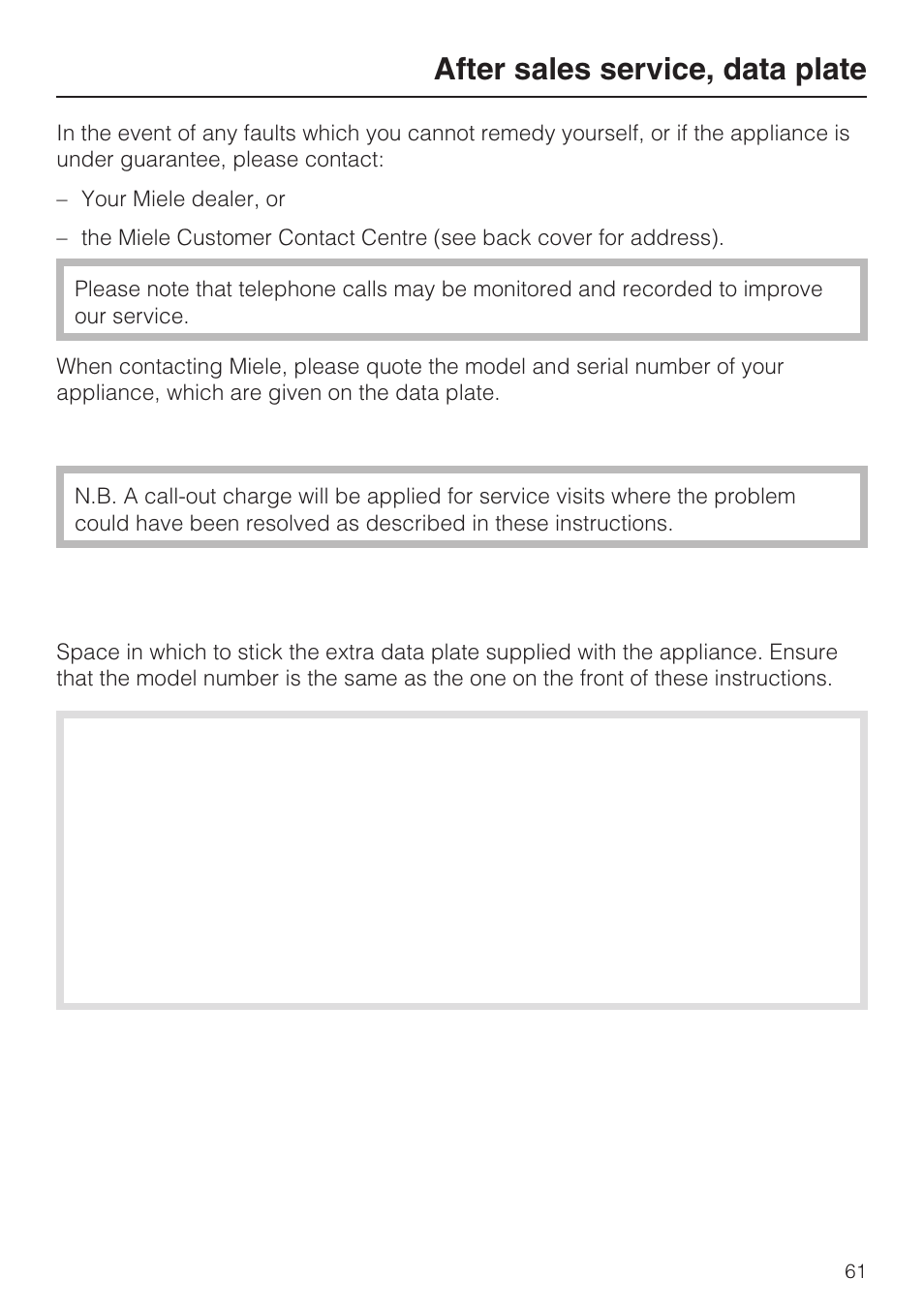 After sales service, data plate 61, After sales service, data plate | Miele DG 5080 User Manual | Page 61 / 64