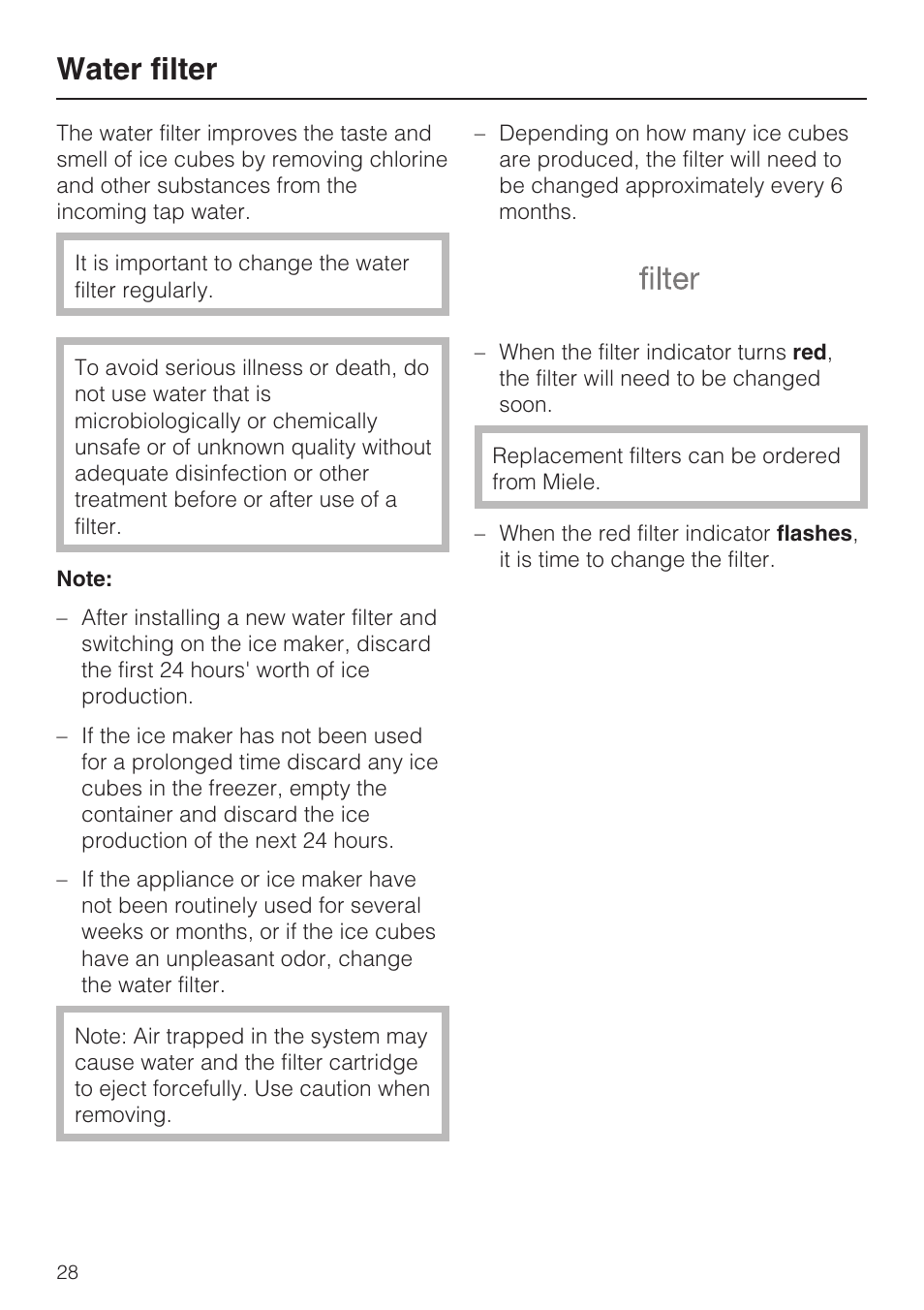 Water filter 28, Water filter | Miele F1811SF User Manual | Page 28 / 72