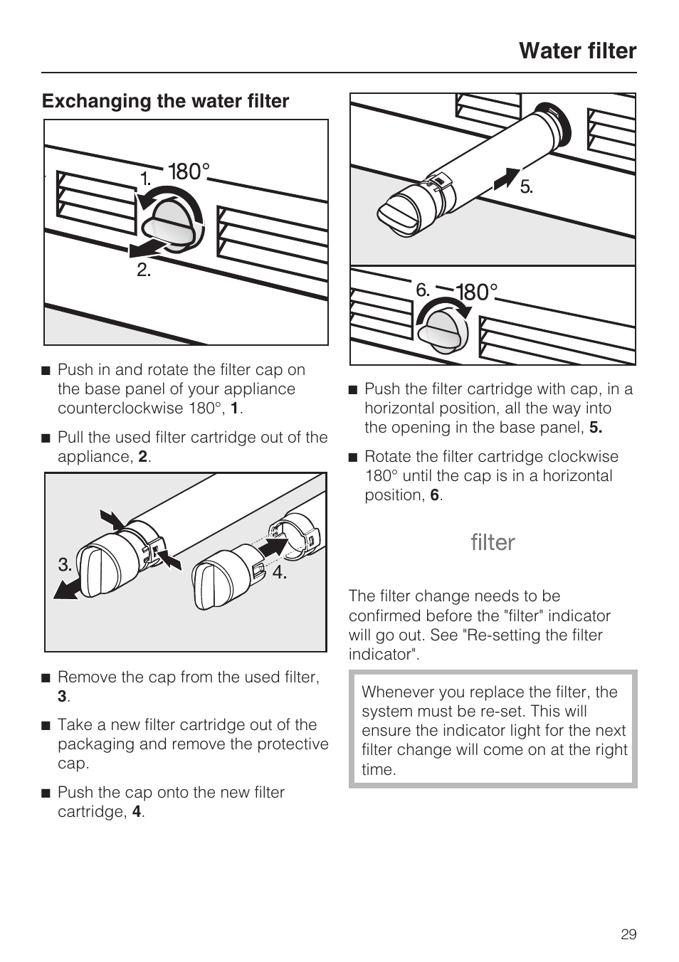 Exchanging the water filter 29, Water filter, Exchanging the water filter | Miele F1811SF User Manual | Page 29 / 72