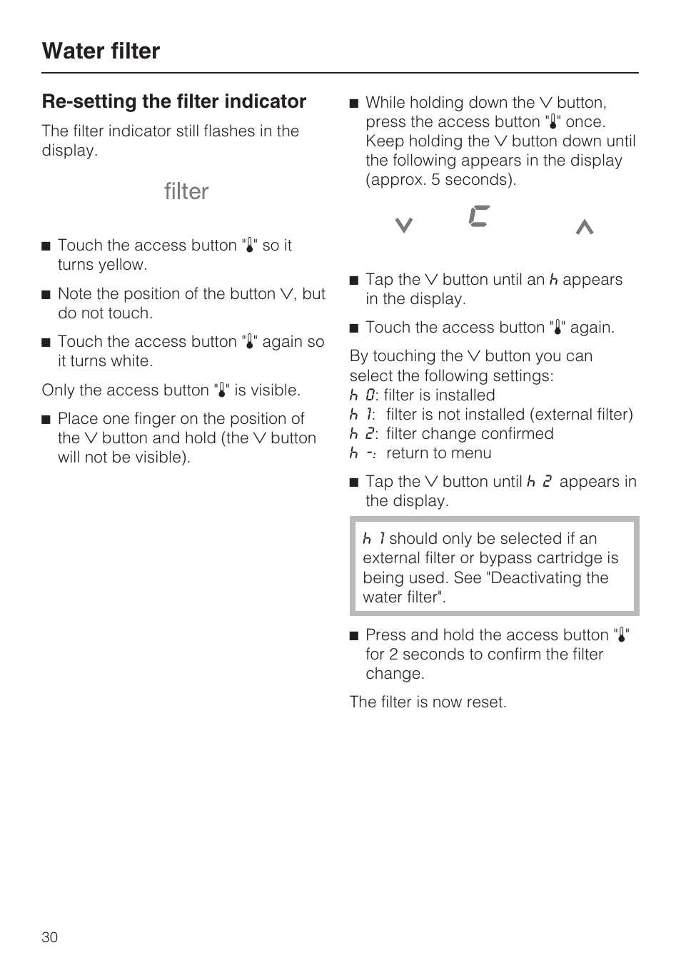 Water filter, Re-setting the filter indicator | Miele F1811SF User Manual | Page 30 / 72