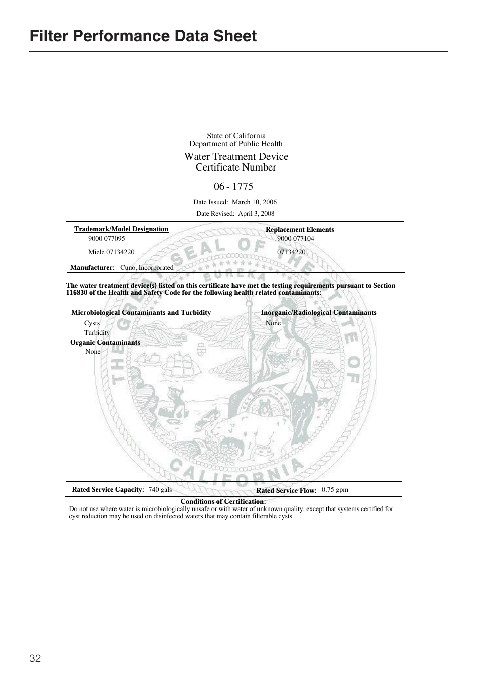 Filter performance data sheet 32, Filter performance data sheet, Water treatment device certificate number | Miele F1811SF User Manual | Page 32 / 72