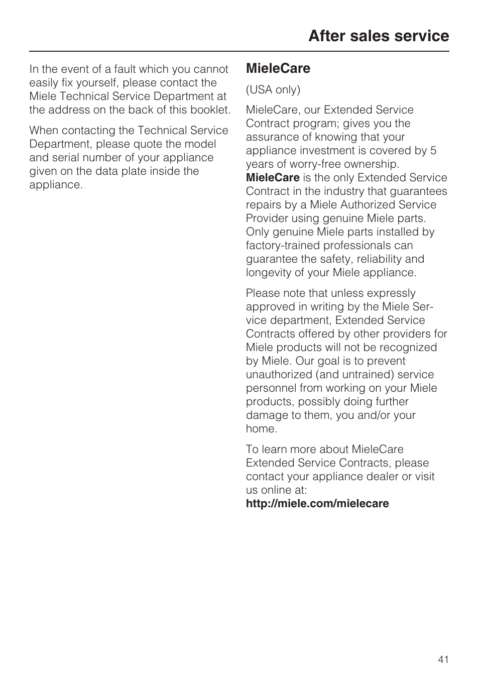 After sales service 41, After sales service, Mielecare | Miele F1811SF User Manual | Page 41 / 72