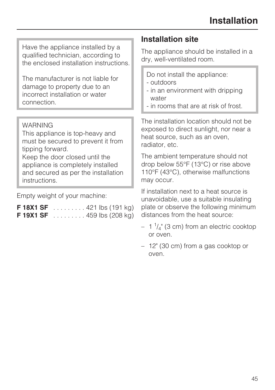 Installation 45, Installation site 45, Installation | Installation site | Miele F1811SF User Manual | Page 45 / 72