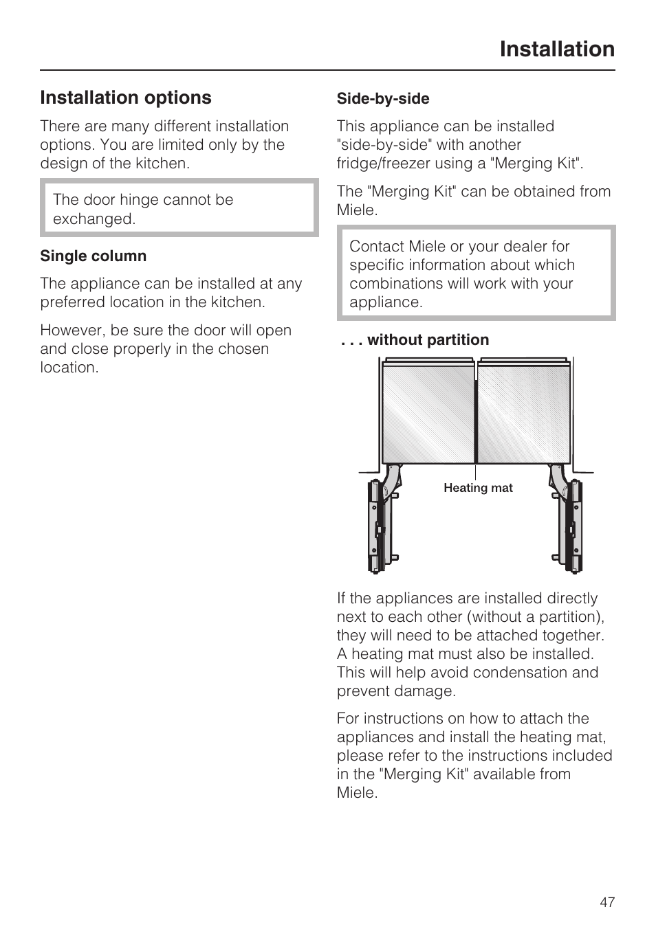 Installation options 47, Installation, Installation options | Miele F1811SF User Manual | Page 47 / 72