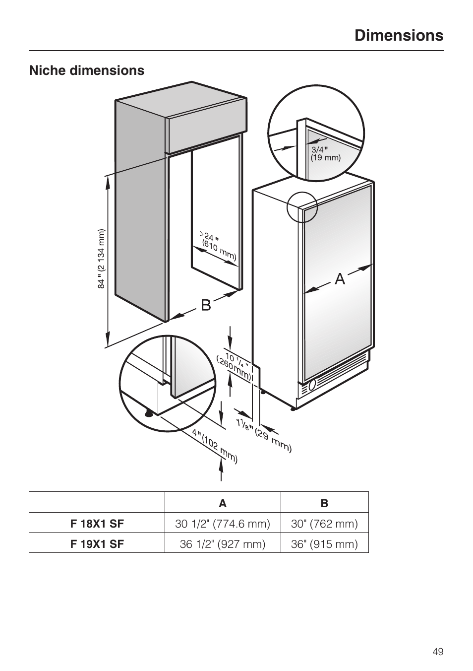 Dimensions 49, Niche dimensions 49, Dimensions | Niche dimensions | Miele F1811SF User Manual | Page 49 / 72