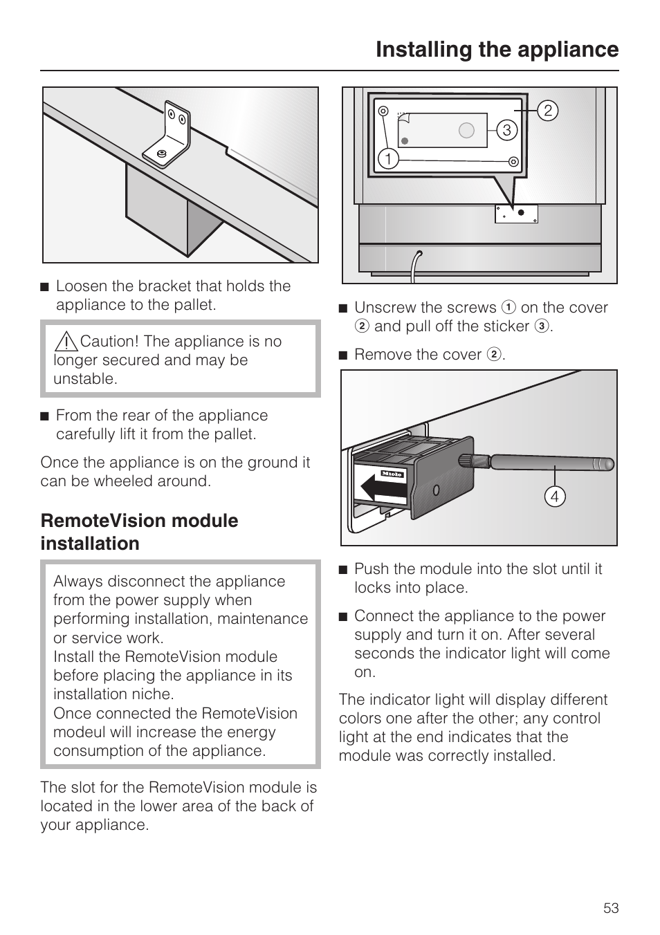 Remotevision module installation 53, Installing the appliance, Remotevision module installation | Miele F1811SF User Manual | Page 53 / 72