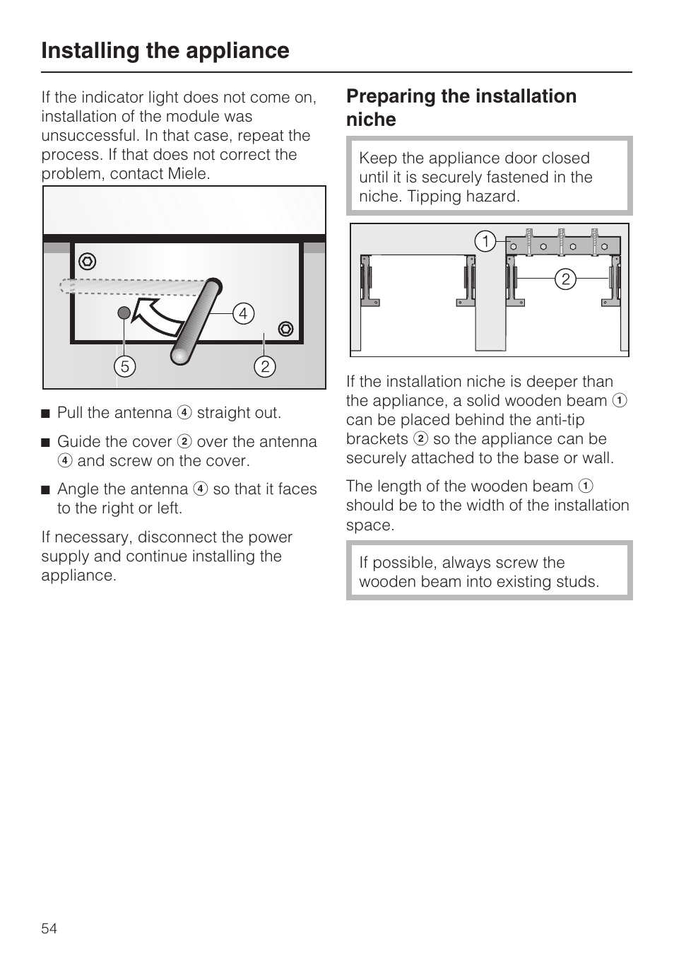 Preparing the installation niche 54, Installing the appliance, Preparing the installation niche | Miele F1811SF User Manual | Page 54 / 72