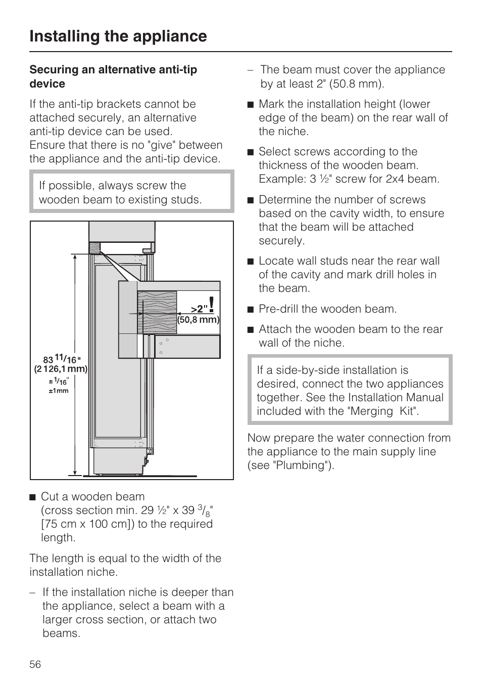 Installing the appliance | Miele F1811SF User Manual | Page 56 / 72