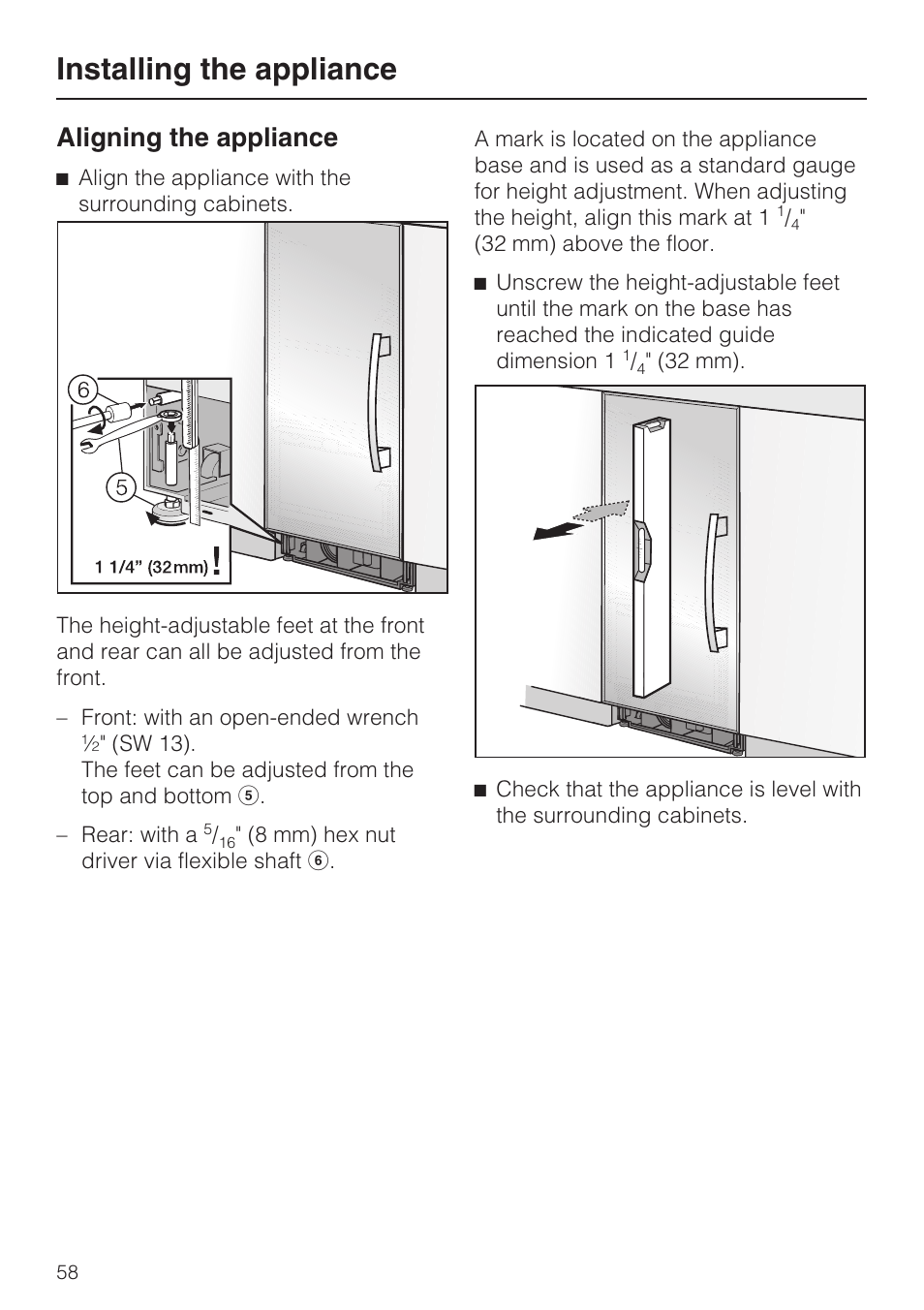 Aligning the appliance 58, Installing the appliance, Aligning the appliance | Miele F1811SF User Manual | Page 58 / 72