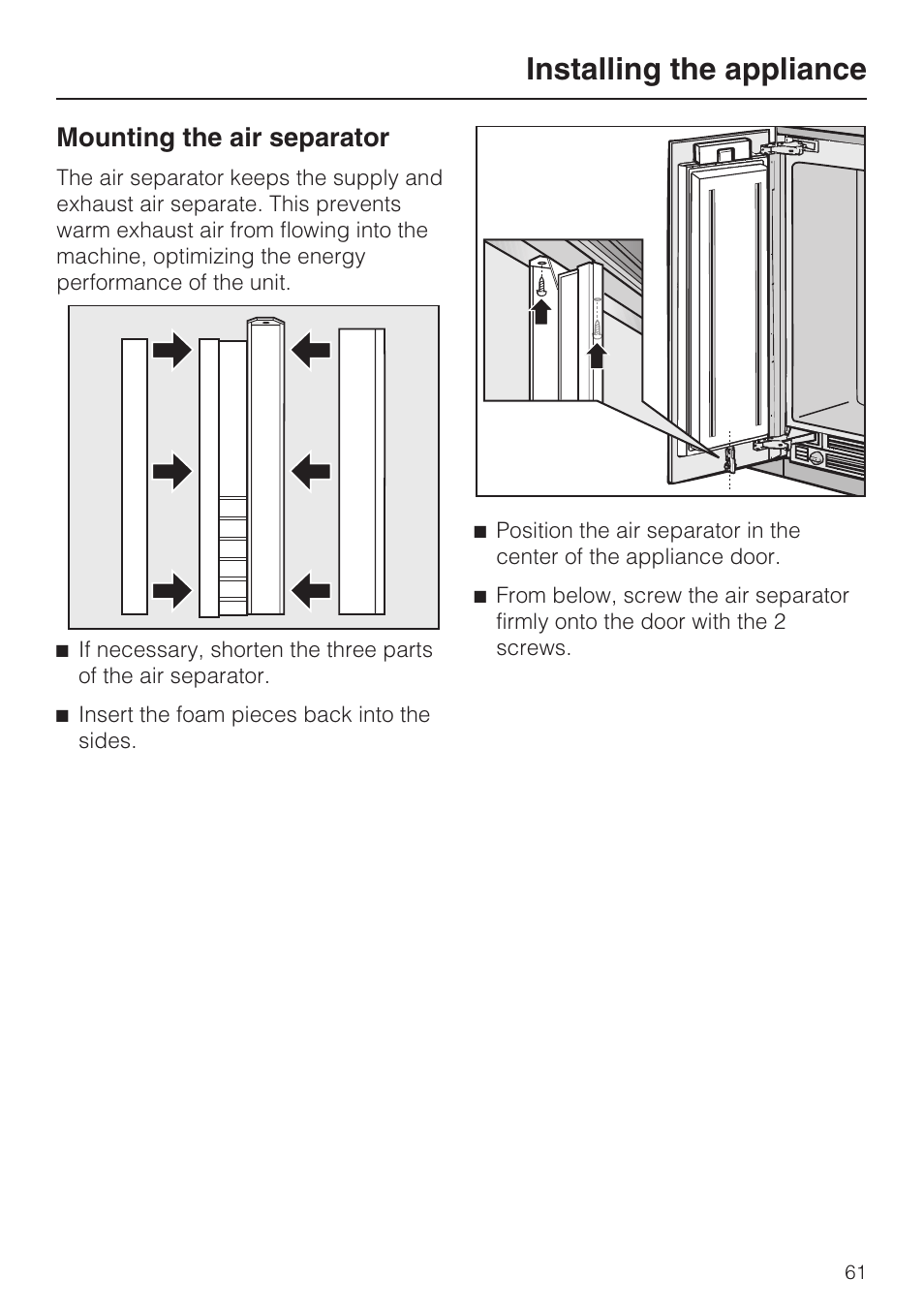 Installing the appliance, Mounting the air separator | Miele F1811SF User Manual | Page 61 / 72