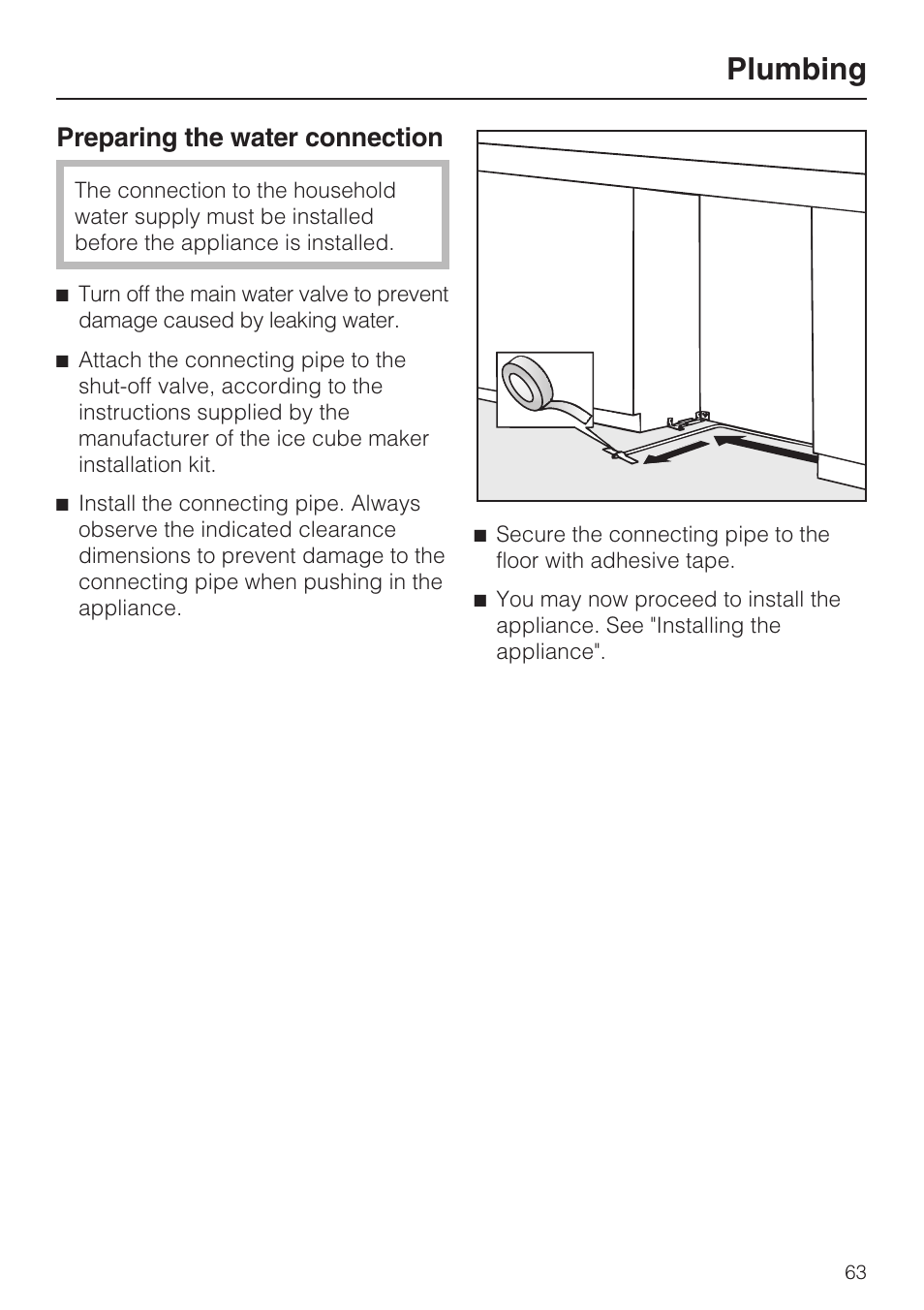 Plumbing, Preparing the water connection | Miele F1811SF User Manual | Page 63 / 72