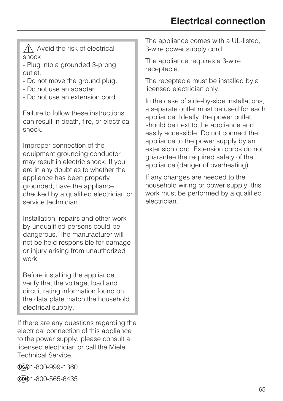 Electrical connection 65, Electrical connection | Miele F1811SF User Manual | Page 65 / 72