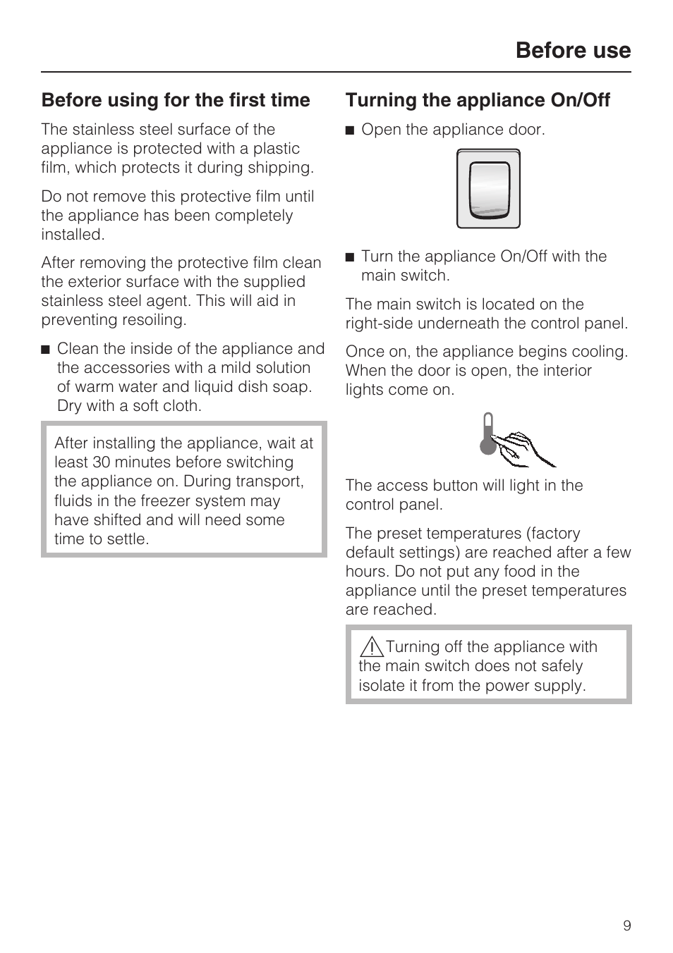 Before use 9, Turning the appliance on/off 9, Before use | Before using for the first time, Turning the appliance on/off | Miele F1811SF User Manual | Page 9 / 72