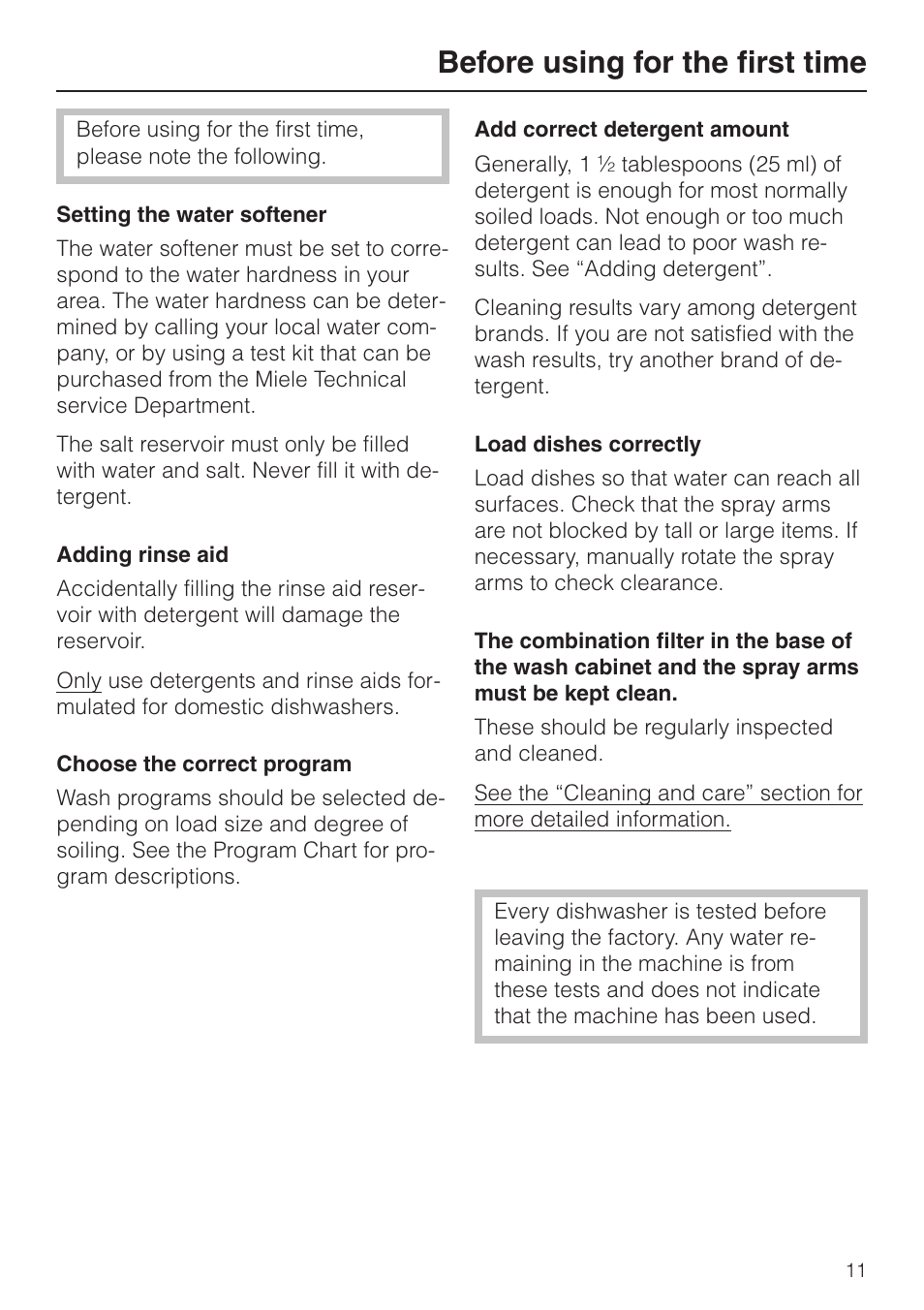 Be fore us ing for the first time 11, Before using for the first time | Miele G848 User Manual | Page 11 / 60