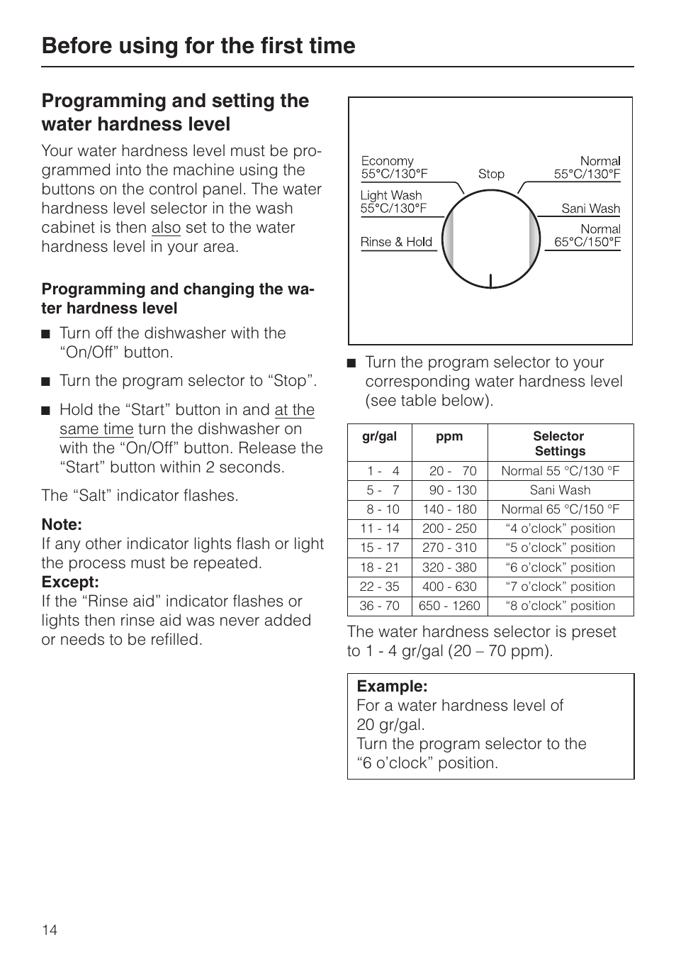 Programming and setting the water hardness level, Programming and changing the water hardness level, Before using for the first time | Miele G848 User Manual | Page 14 / 60