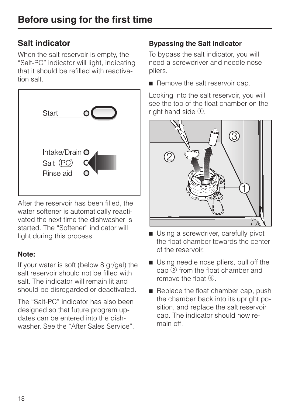 Salt in di ca tor 18, Salt indicator, Before using for the first time | Miele G848 User Manual | Page 18 / 60