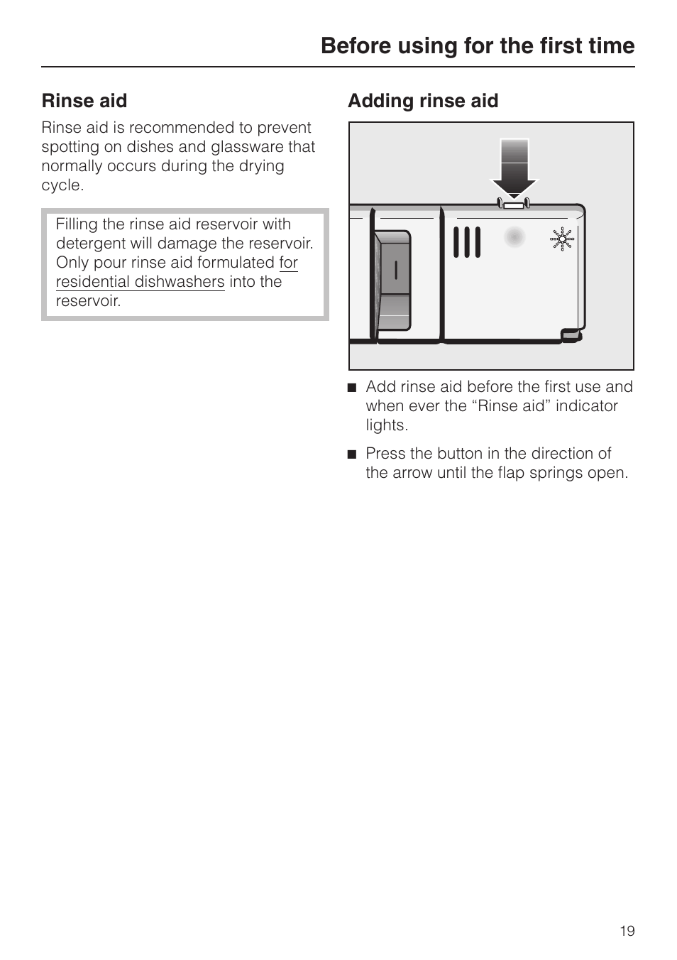 Rinse aid 19, Adding rinse aid 19, Rinse aid adding rinse aid | Before using for the first time | Miele G848 User Manual | Page 19 / 60