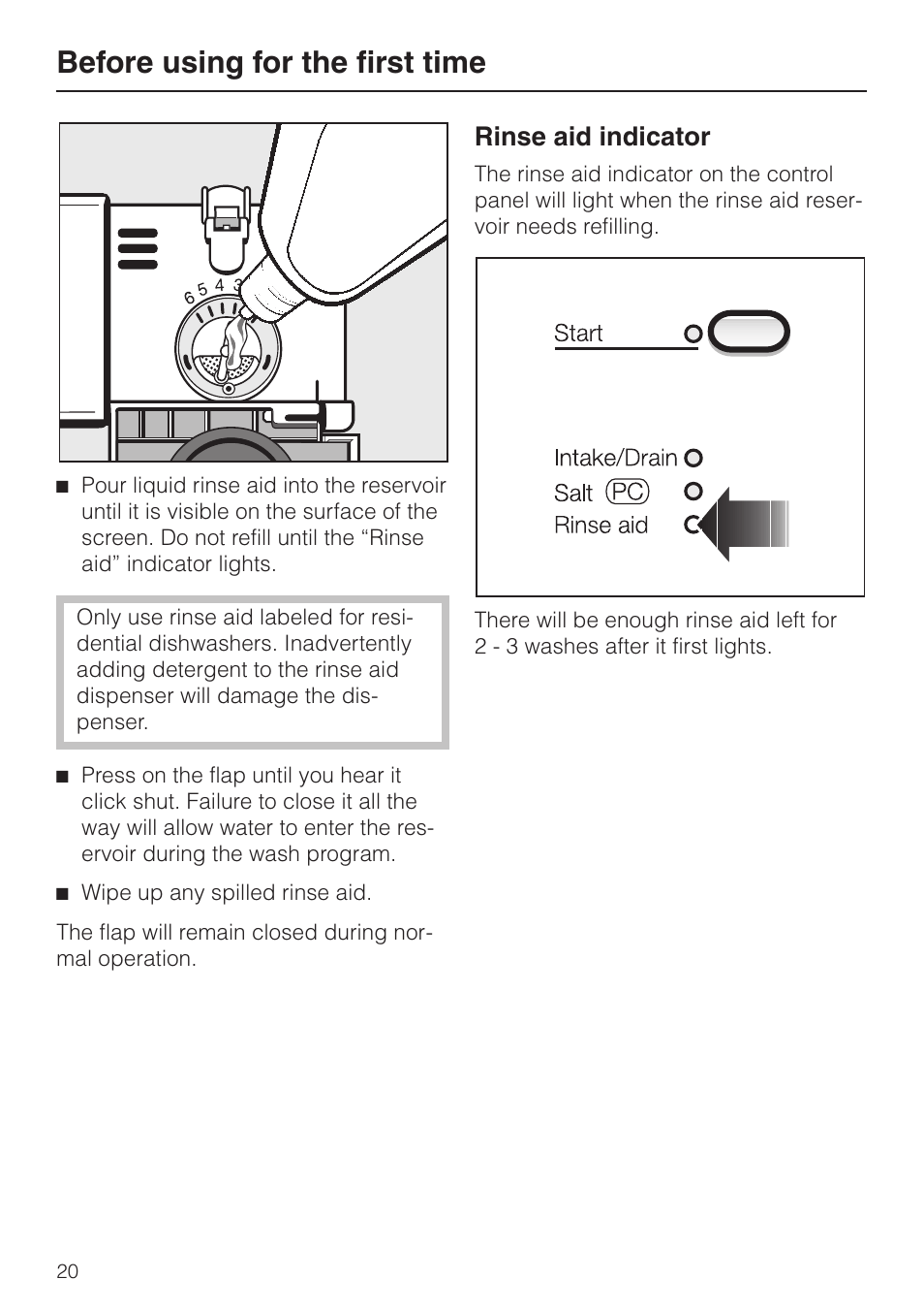 Rinse aid in di ca tor 20, Rinse aid indicator, Before using for the first time | Miele G848 User Manual | Page 20 / 60