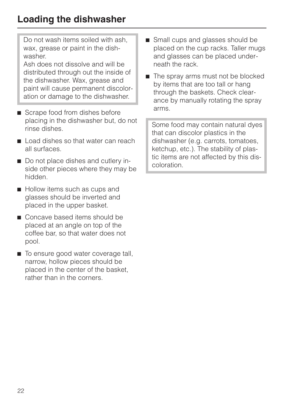 Loading the dish washer 22, Loading the dishwasher | Miele G848 User Manual | Page 22 / 60