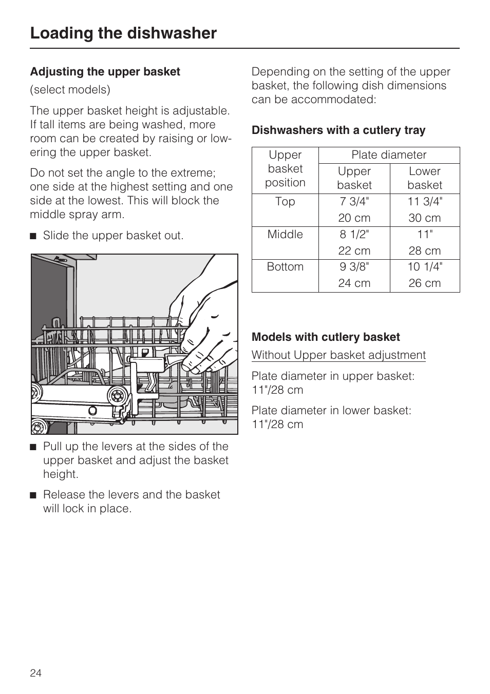 Ad justing the up per bas ket 24, Adjusting the upper basket, Loading the dishwasher | Miele G848 User Manual | Page 24 / 60