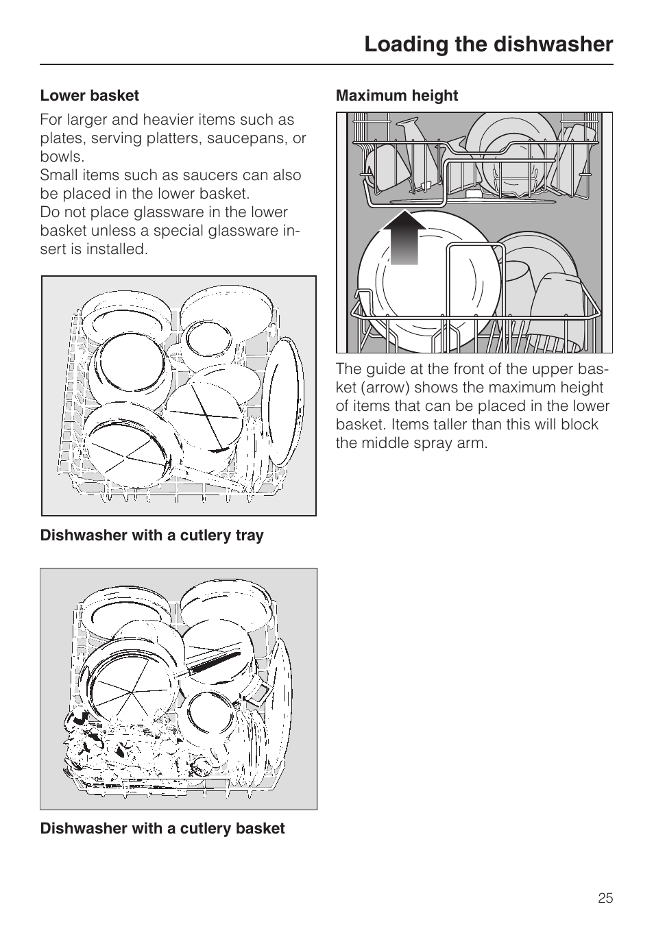 Lower bas ket 25, Lower basket, Loading the dishwasher | Miele G848 User Manual | Page 25 / 60