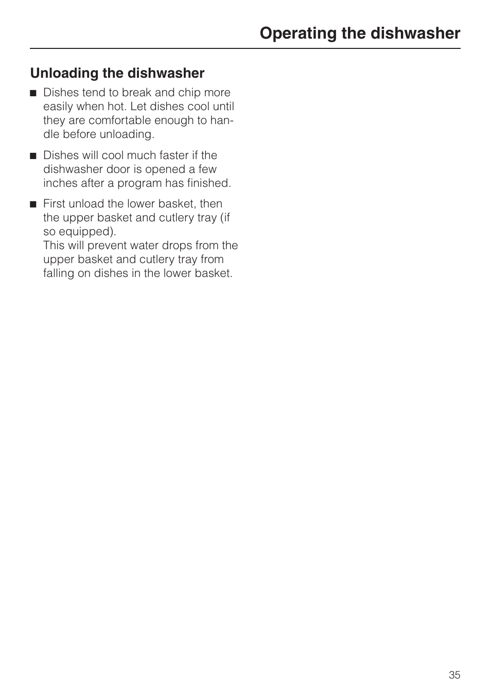 Un loading the dish washer 35, Unloading the dishwasher, Operating the dishwasher | Miele G848 User Manual | Page 35 / 60