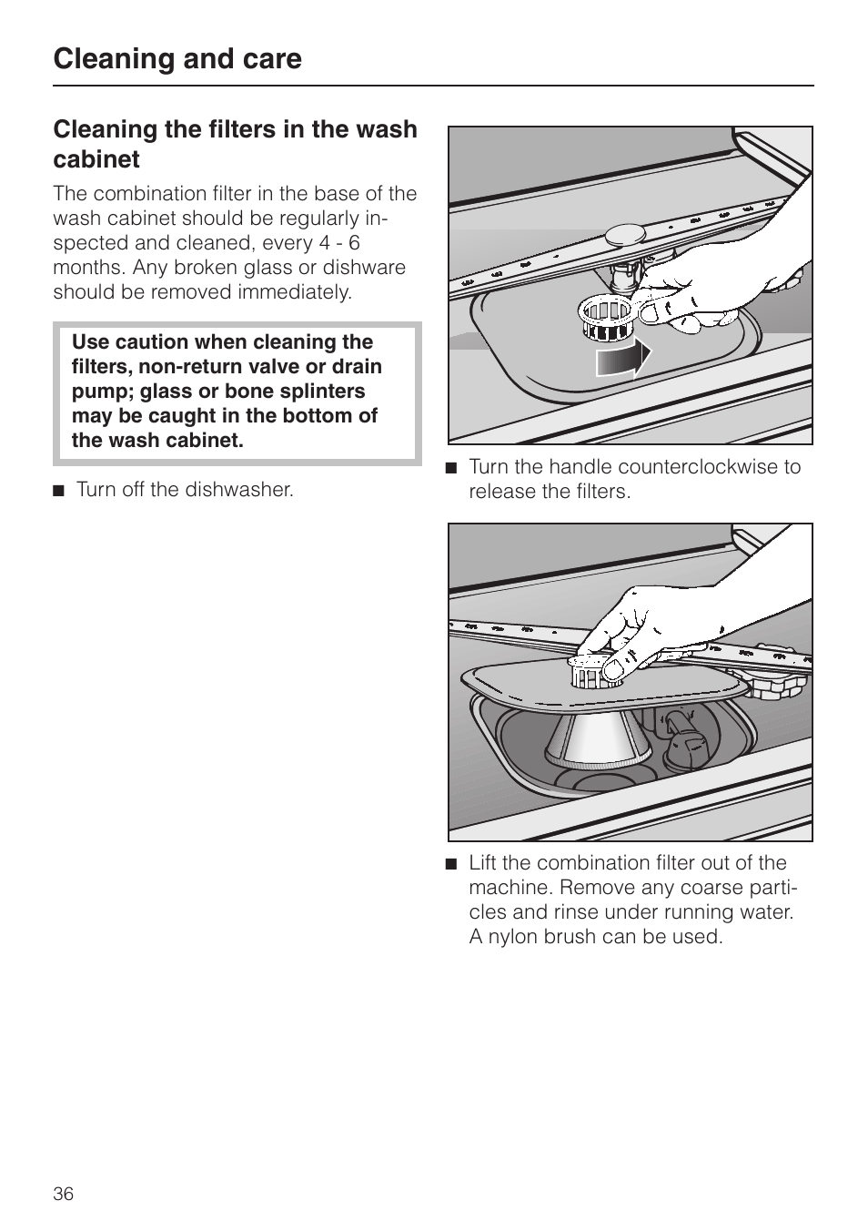 Cleaning and care 36, Cleaning the fil ters in the wash cab i net 36, Cleaning and care | Cleaning the filters in the wash cabinet | Miele G848 User Manual | Page 36 / 60