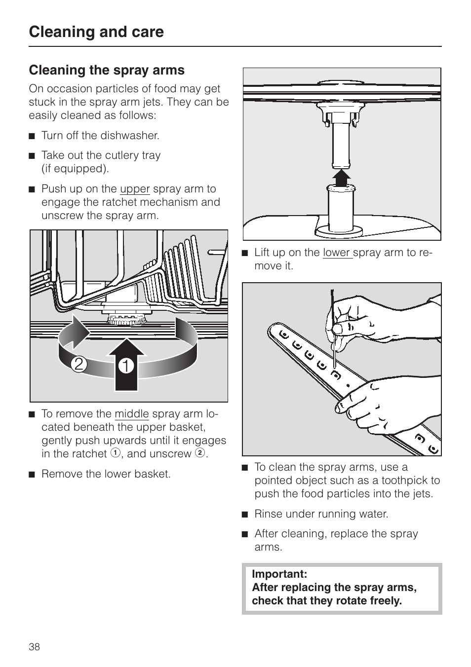 Cleaning the spray arms 38, Cleaning the spray arms, Cleaning and care | Miele G848 User Manual | Page 38 / 60