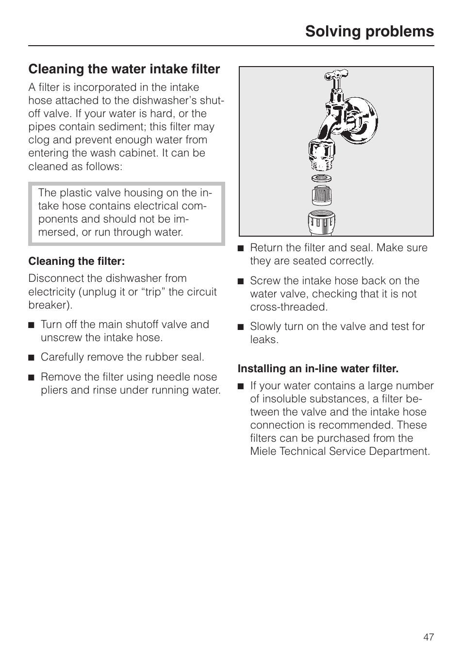 Solving prob lems 47, Cleaning the wa ter in take fil ter 47, Solving problems | Cleaning the water intake filter | Miele G848 User Manual | Page 47 / 60