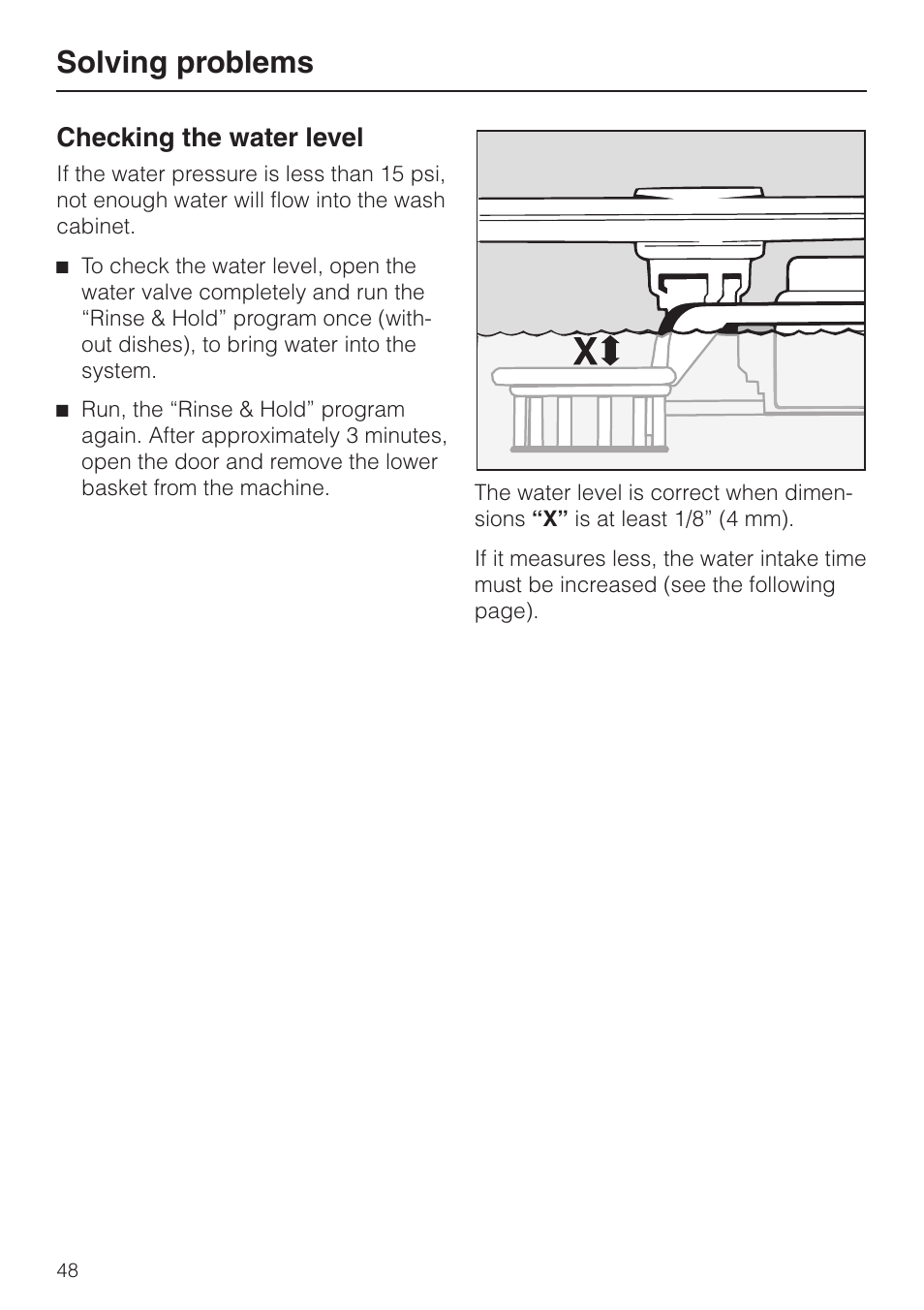 Check ing the wa ter level 48, Checking the water level, Solving problems | Miele G848 User Manual | Page 48 / 60