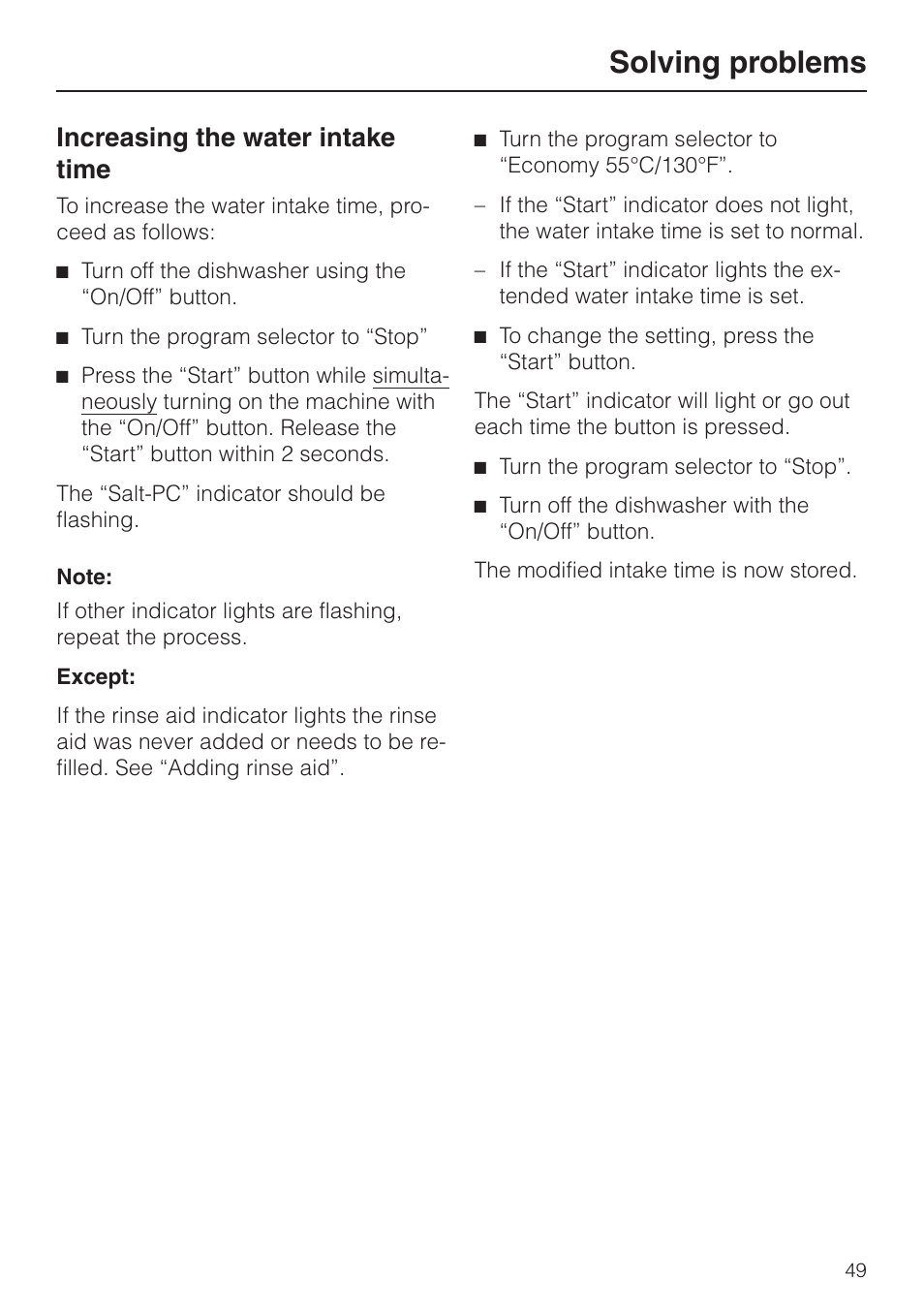 In creasing the wa ter in take time 49, Increasing the water intake time, Solving problems | Miele G848 User Manual | Page 49 / 60