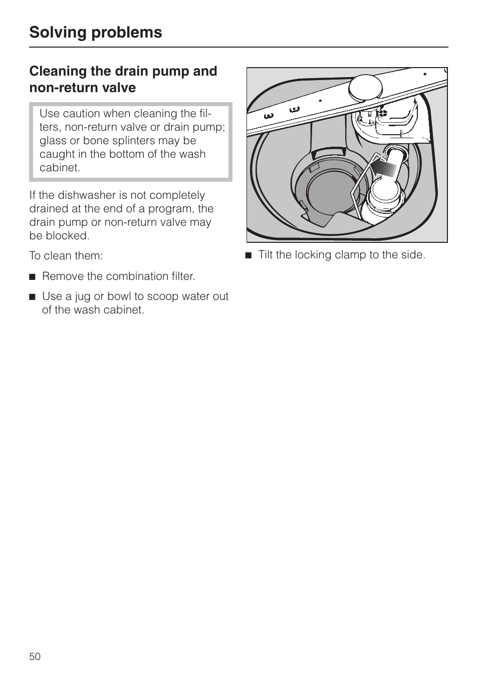 Cleaning the drain pump and non-re turn valve 50, Cleaning the drain pump and non-return valve, Solving problems | Miele G848 User Manual | Page 50 / 60