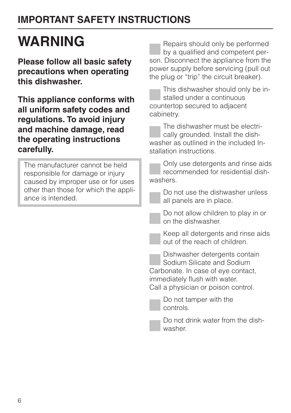 Im por tant safety in struc tions 6, Important safety instructions, Warning | Miele G848 User Manual | Page 6 / 60