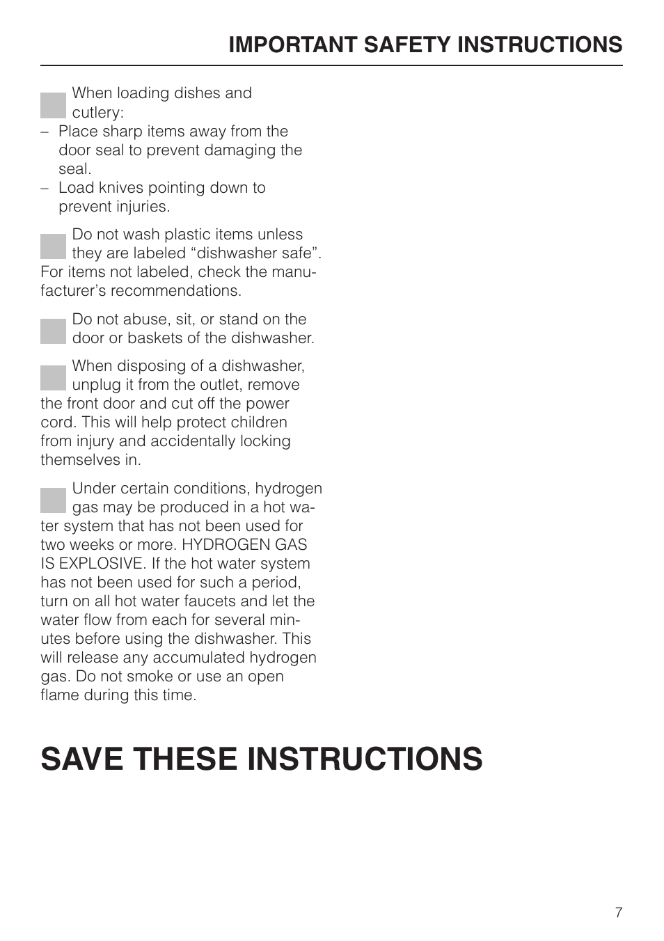 Save these instructions, Important safety instructions | Miele G848 User Manual | Page 7 / 60