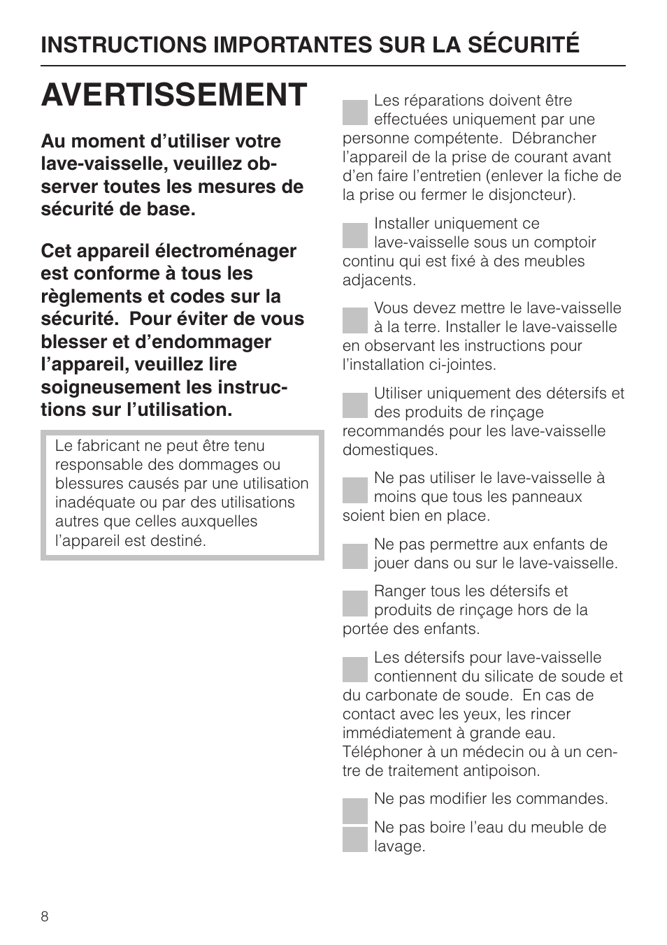 In struc tions importantes sur la sécurité 8, Instructions importantes sur la sécurité, Avertissement | Miele G848 User Manual | Page 8 / 60