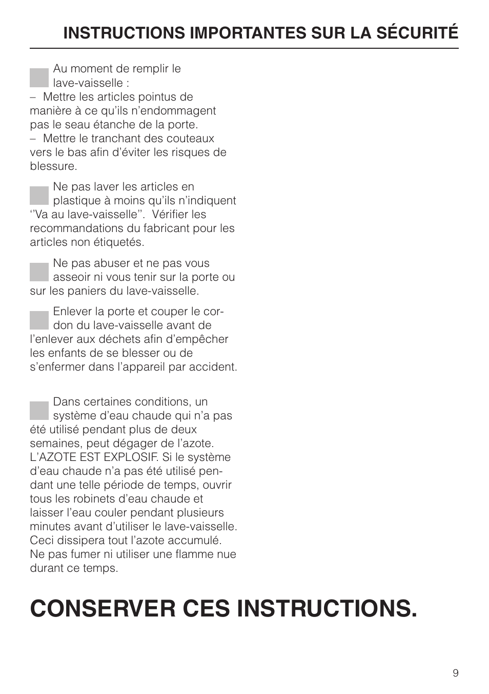 Conserver ces instructions, Instructions importantes sur la sécurité | Miele G848 User Manual | Page 9 / 60