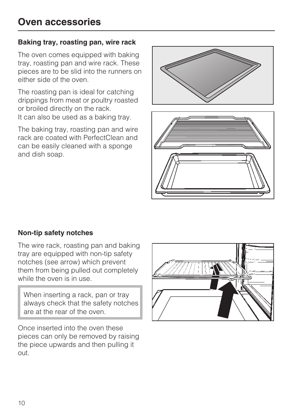 Oven accessories 10, Baking tray, roasting pan, wire rack 10, Oven accessories | Miele H 4684 B User Manual | Page 10 / 76