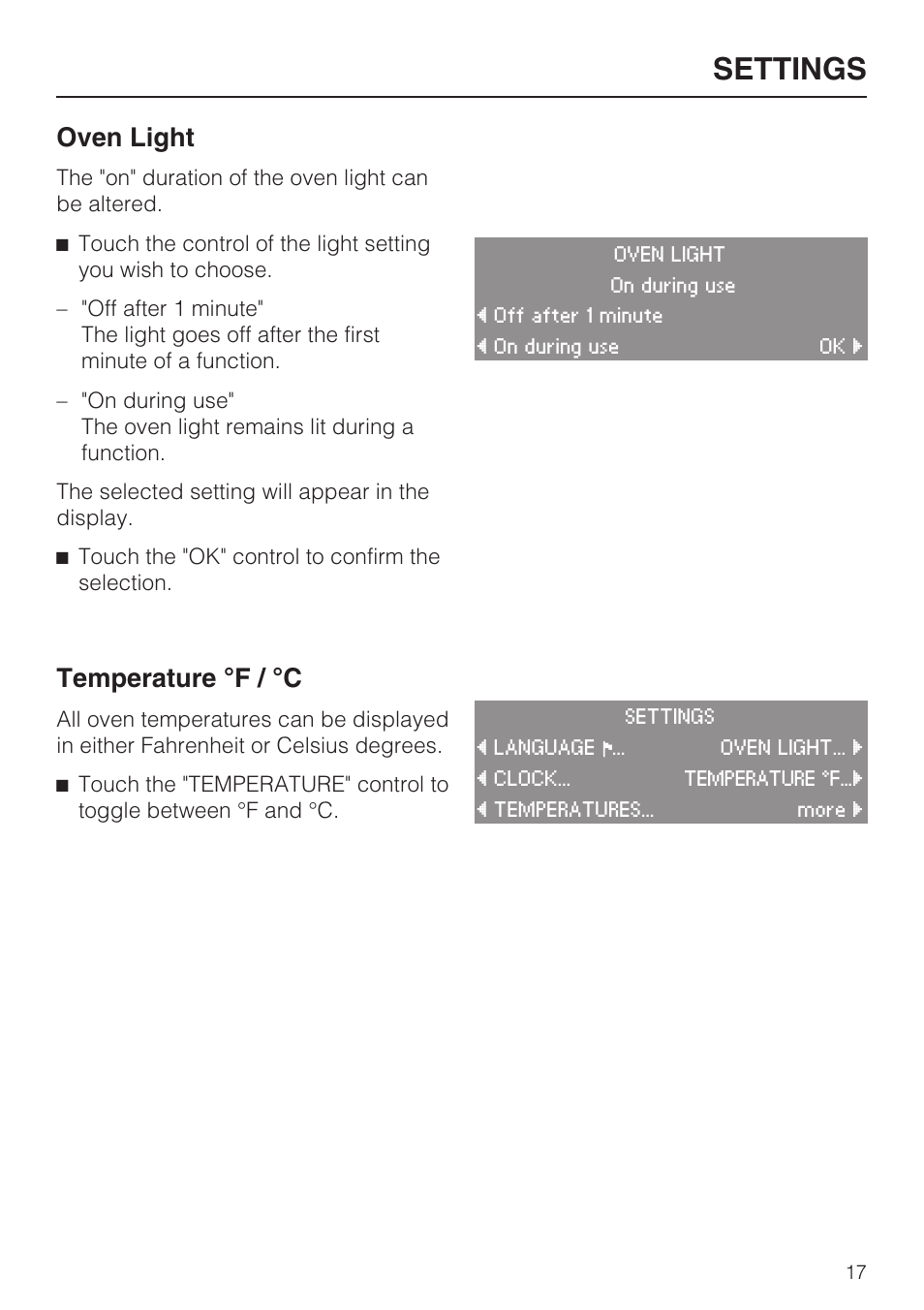 Oven light 17, Temperature °f / °c 17, Settings | Oven light, Temperature °f / °c | Miele H 4684 B User Manual | Page 17 / 76