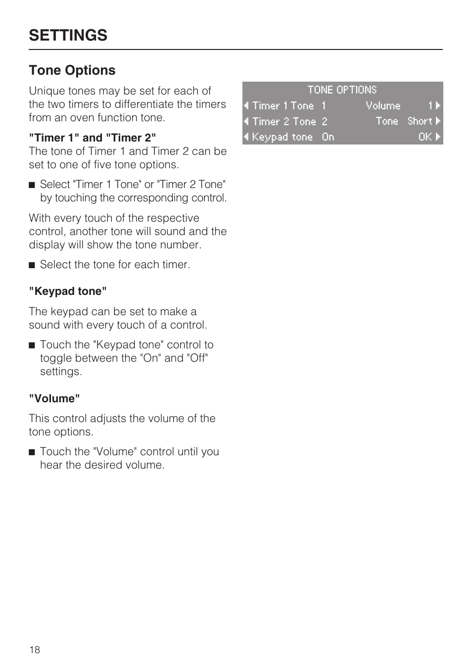 Tone options 18, Settings, Tone options | Miele H 4684 B User Manual | Page 18 / 76