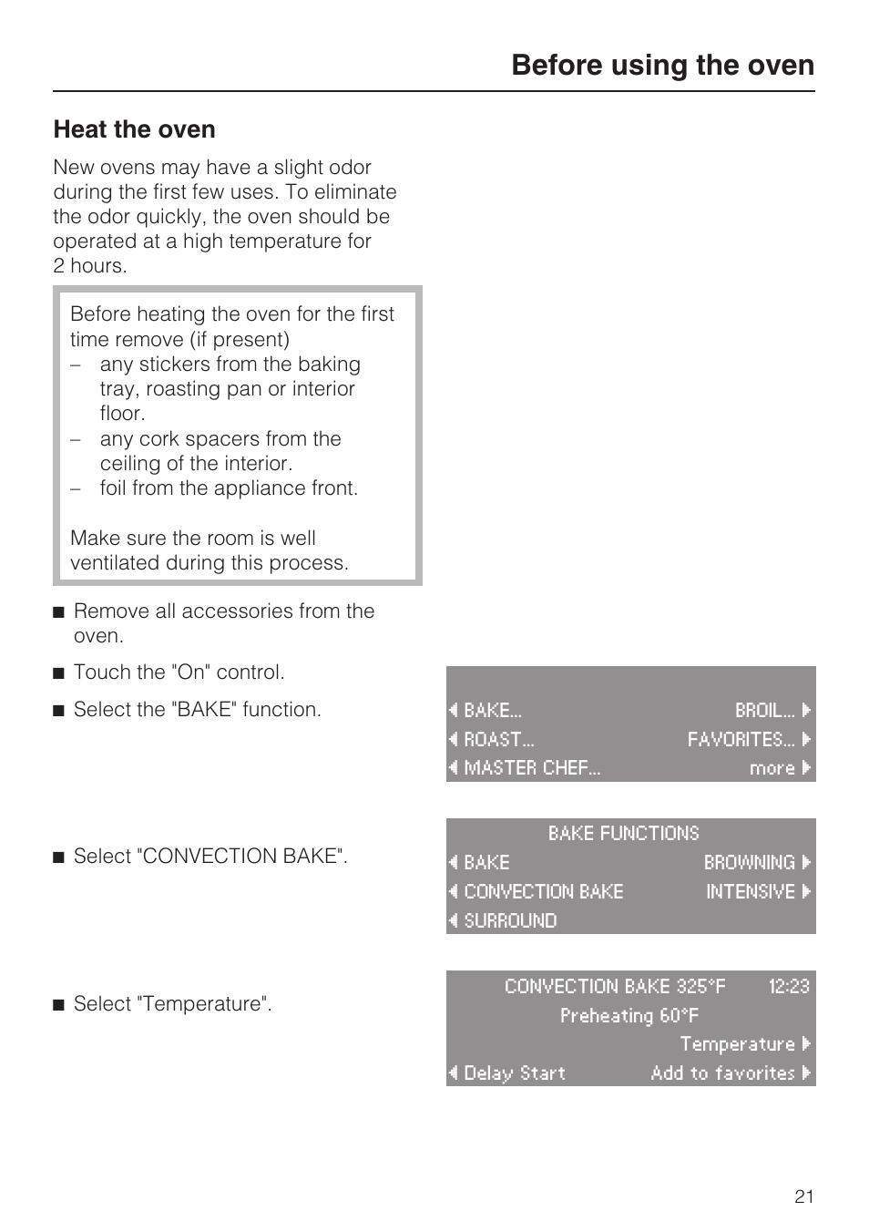 Before using the oven 21, Before using the oven, Heat the oven | Miele H 4684 B User Manual | Page 21 / 76