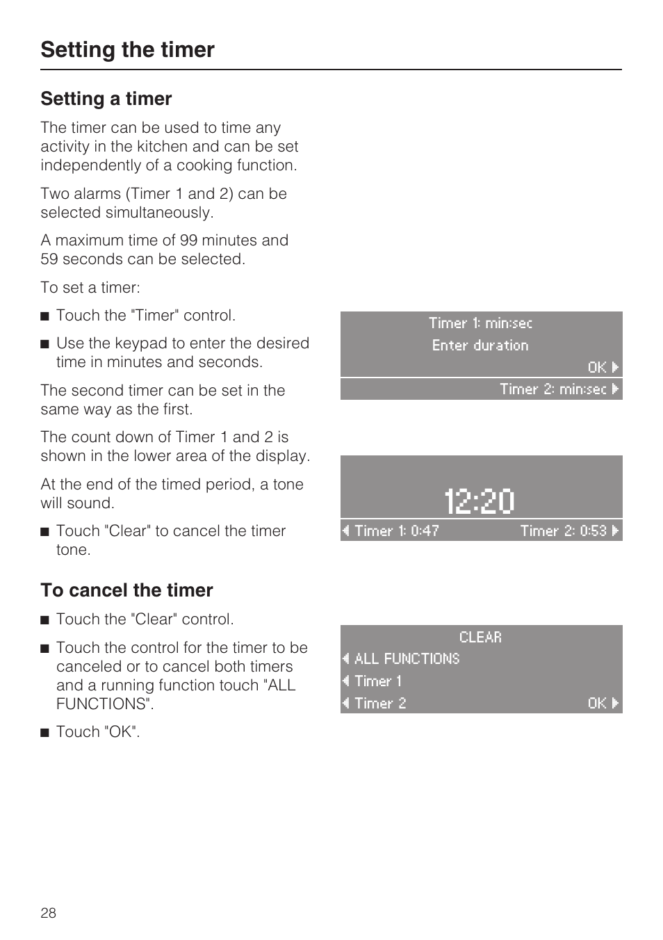 Setting the timer 28, Setting the timer, Setting a timer | Miele H 4684 B User Manual | Page 28 / 76