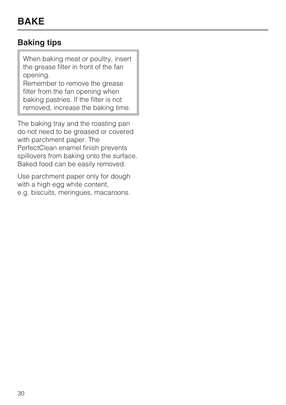 Bake 30, Baking tips 30, Bake | Miele H 4684 B User Manual | Page 30 / 76