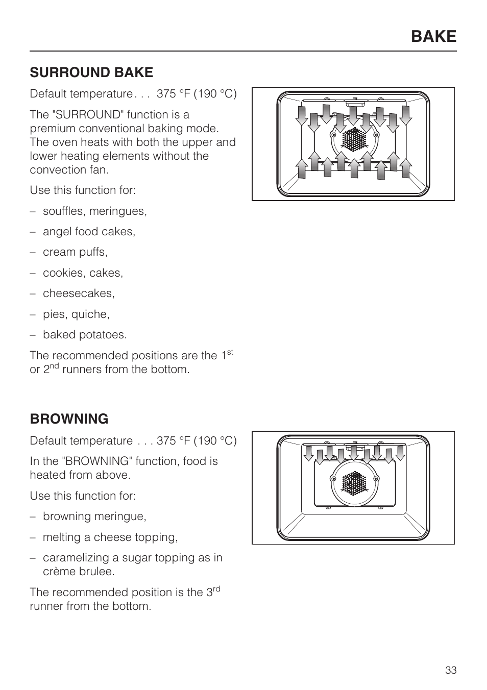 Bake, Surround bake, Browning | Miele H 4684 B User Manual | Page 33 / 76