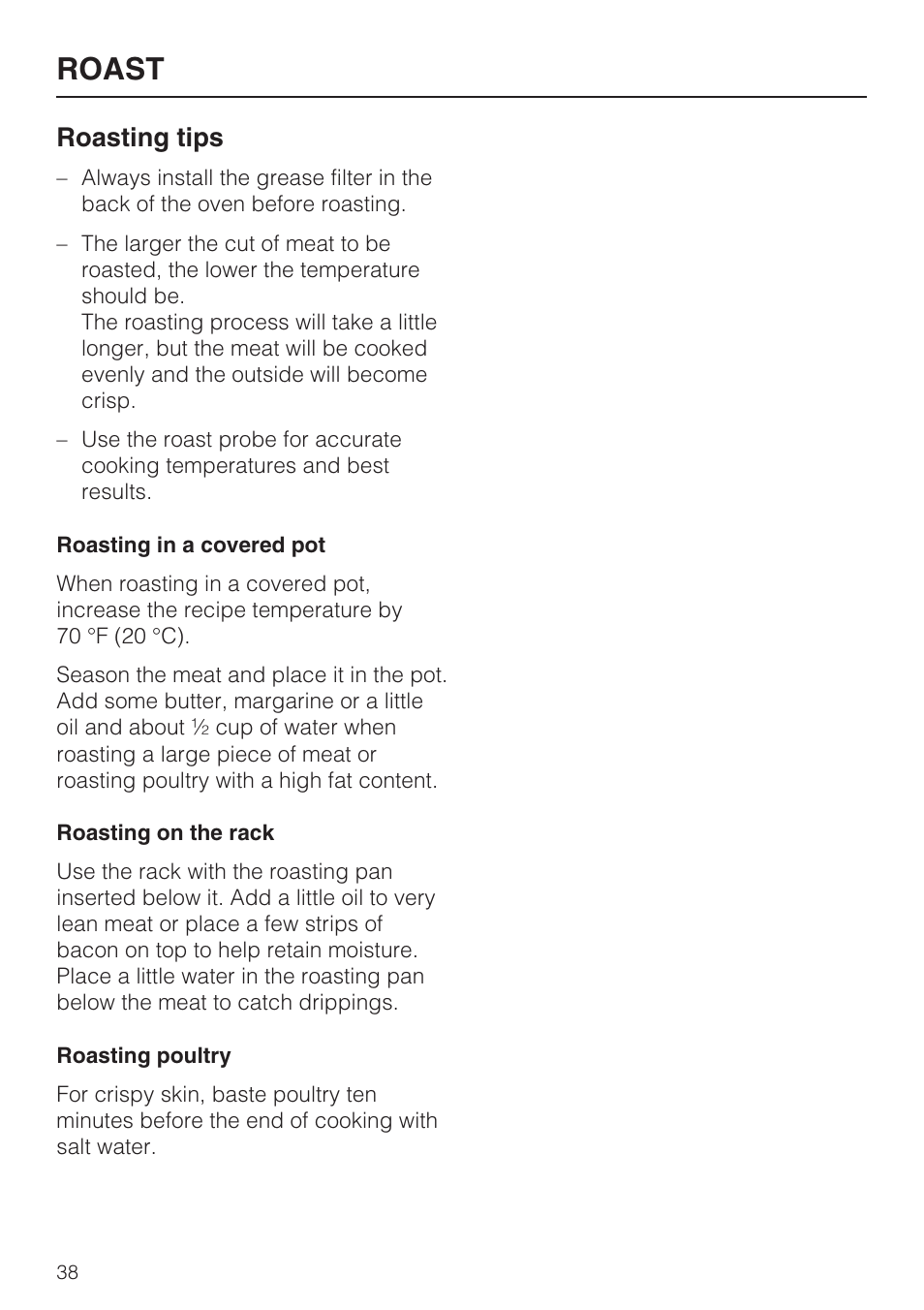 Roasting tips 38, Roast, Roasting tips | Miele H 4684 B User Manual | Page 38 / 76