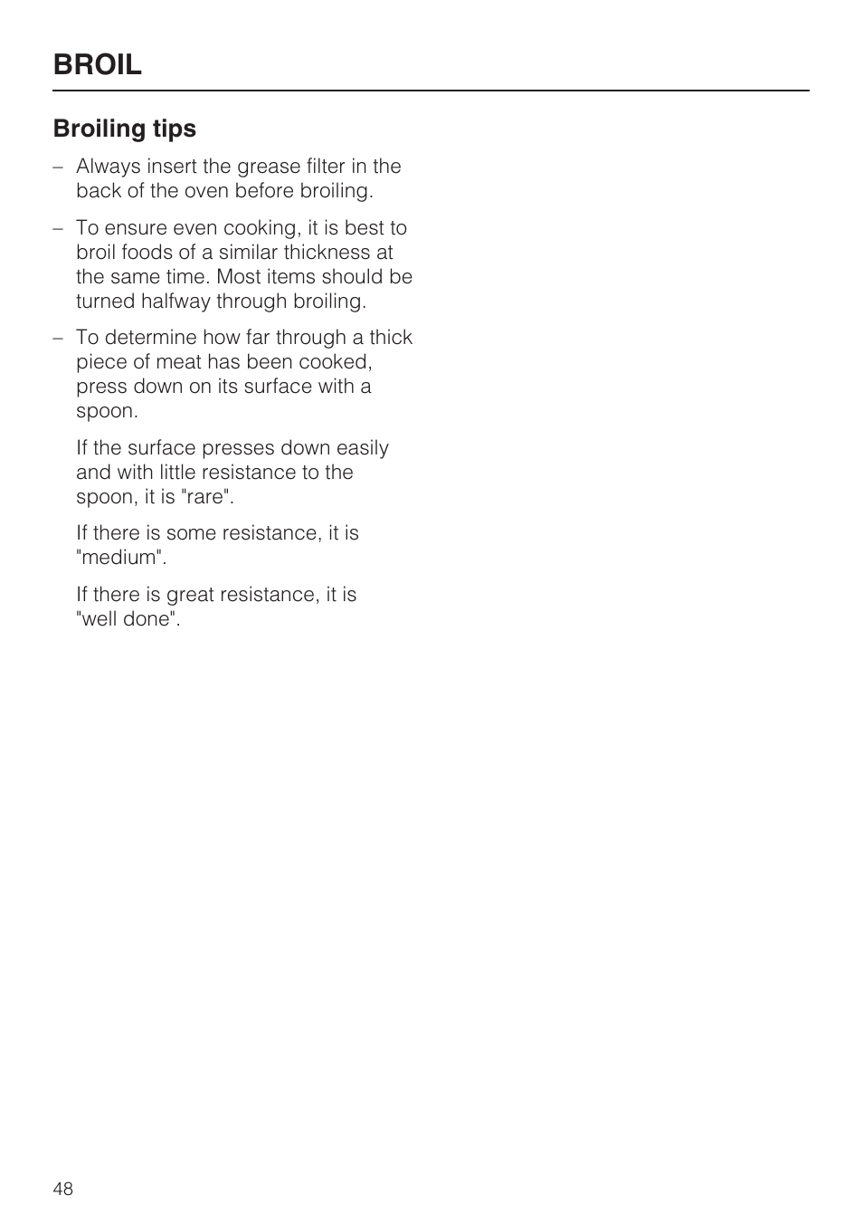 Broiling tips 48, Broil, Broiling tips | Miele H 4684 B User Manual | Page 48 / 76
