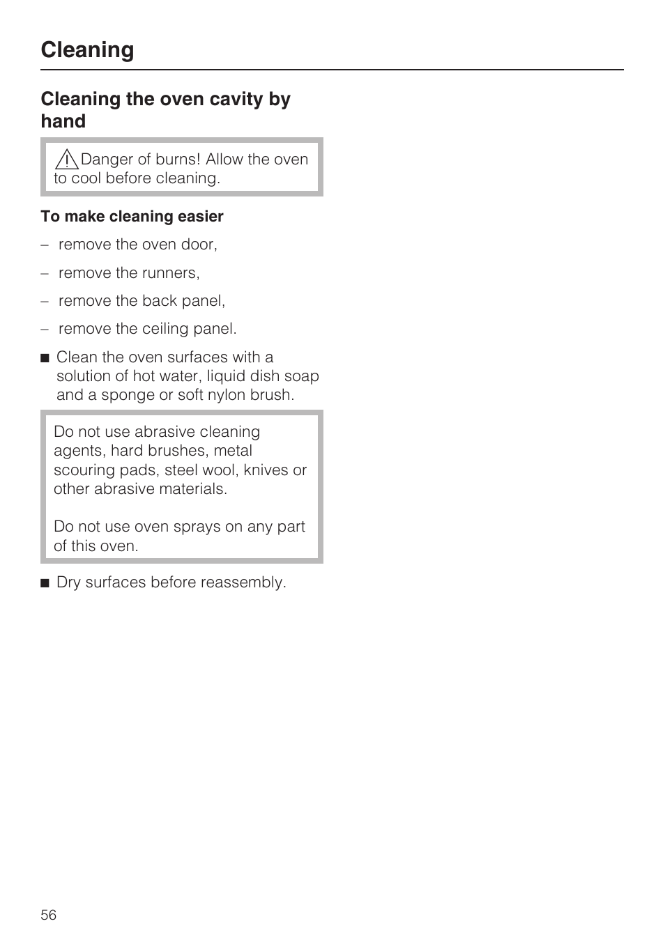 Cleaning, Cleaning the oven cavity by hand | Miele H 4684 B User Manual | Page 56 / 76