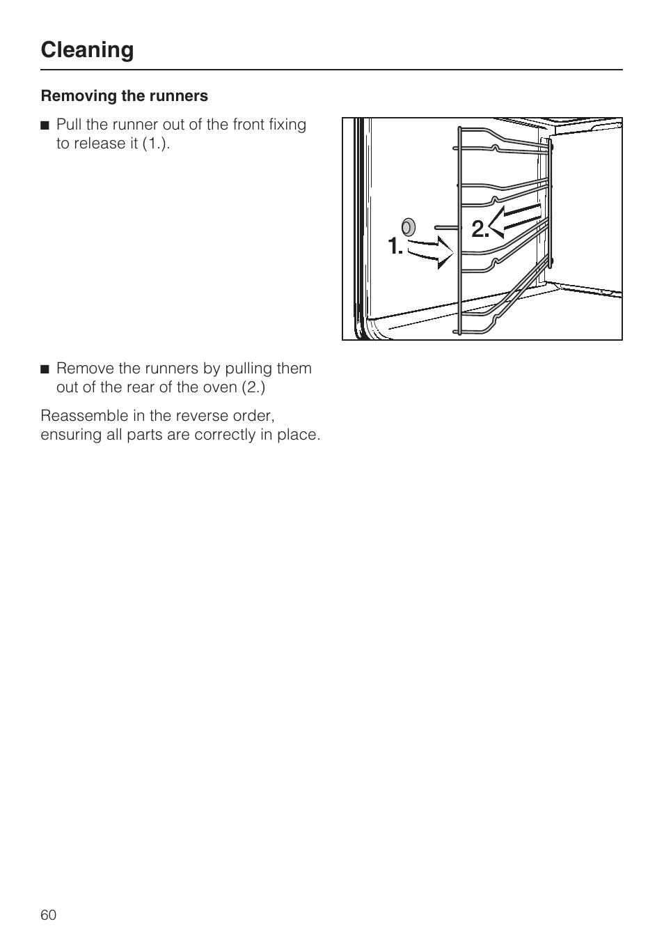 Removing the runners 60, Cleaning | Miele H 4684 B User Manual | Page 60 / 76