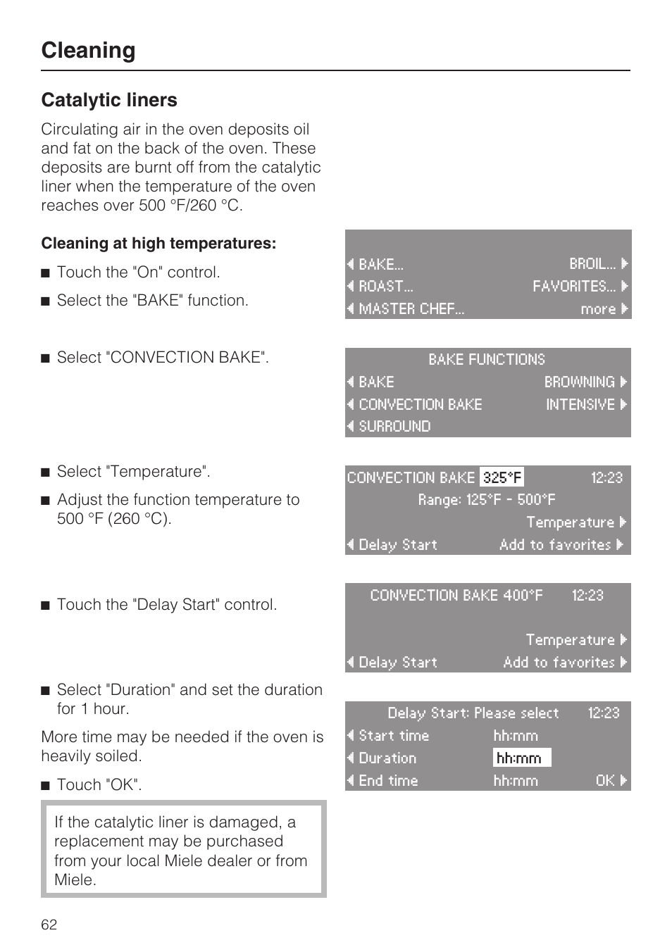 Catalytic liners 62, Cleaning, Catalytic liners | Miele H 4684 B User Manual | Page 62 / 76